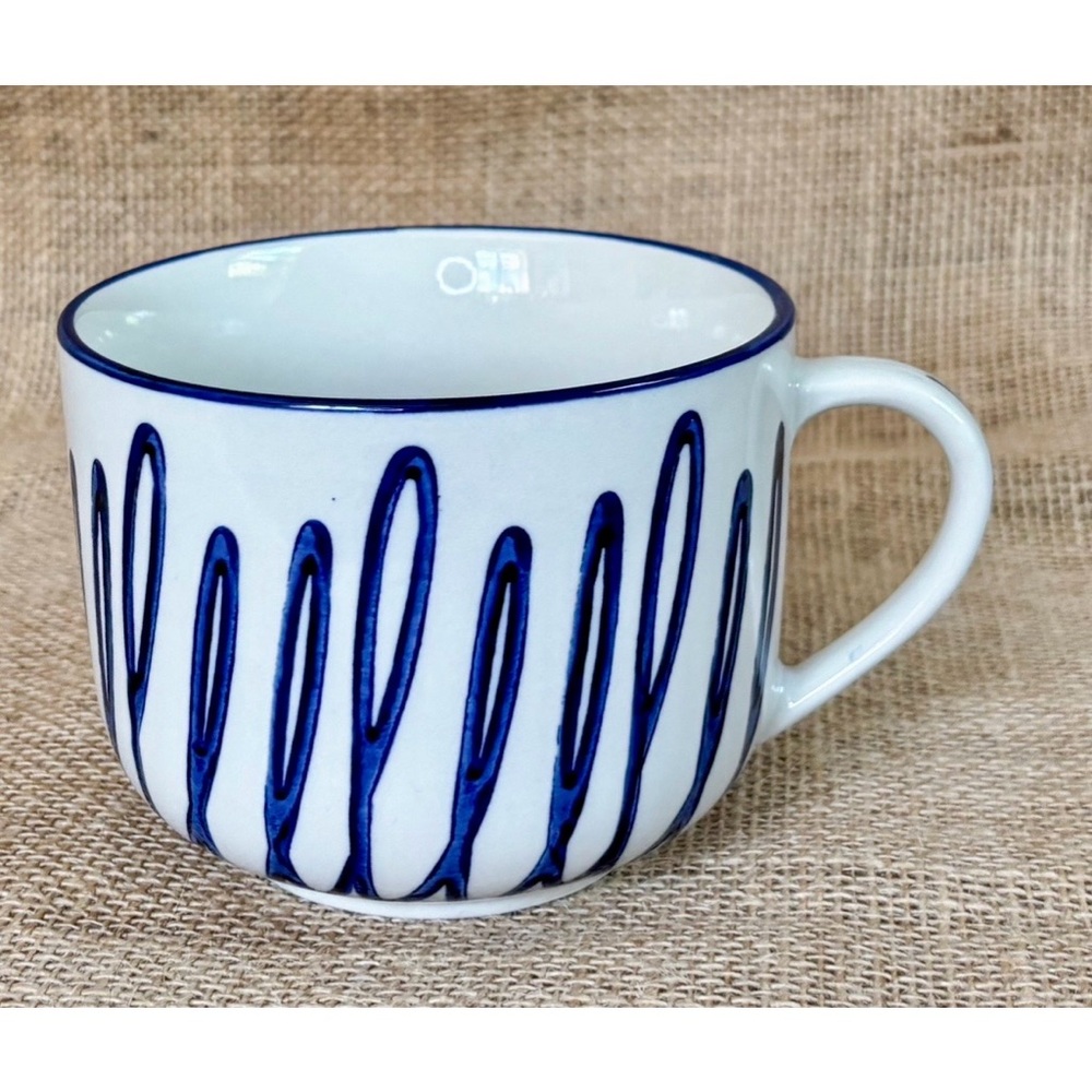 White & Blue Squiggle Ceramic Cappuccino Mug Cup Artsy Whimsical Playful Fun